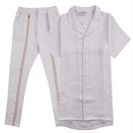 設計純色白色時尚套裝    訂製西裝領條紋短袖   美容   水療    渡假村制服  時尚款式供應商   FA379   設計純色白色時尚套裝    訂製西裝領條紋短袖   美容   水療    渡假村制服  時尚款式供應商   FA379